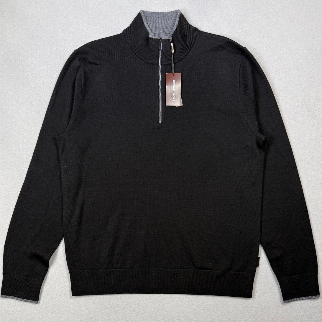 Michael Kors Men's Modern-Fit Tipped 1/4zip Merino Wool Sweater Black Large $178
